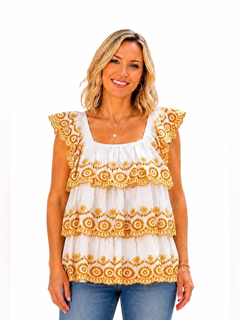 LIV LOS ANGELES White Yellow Embroidered Ruffle Cotton Blouse Women’s Large NWT